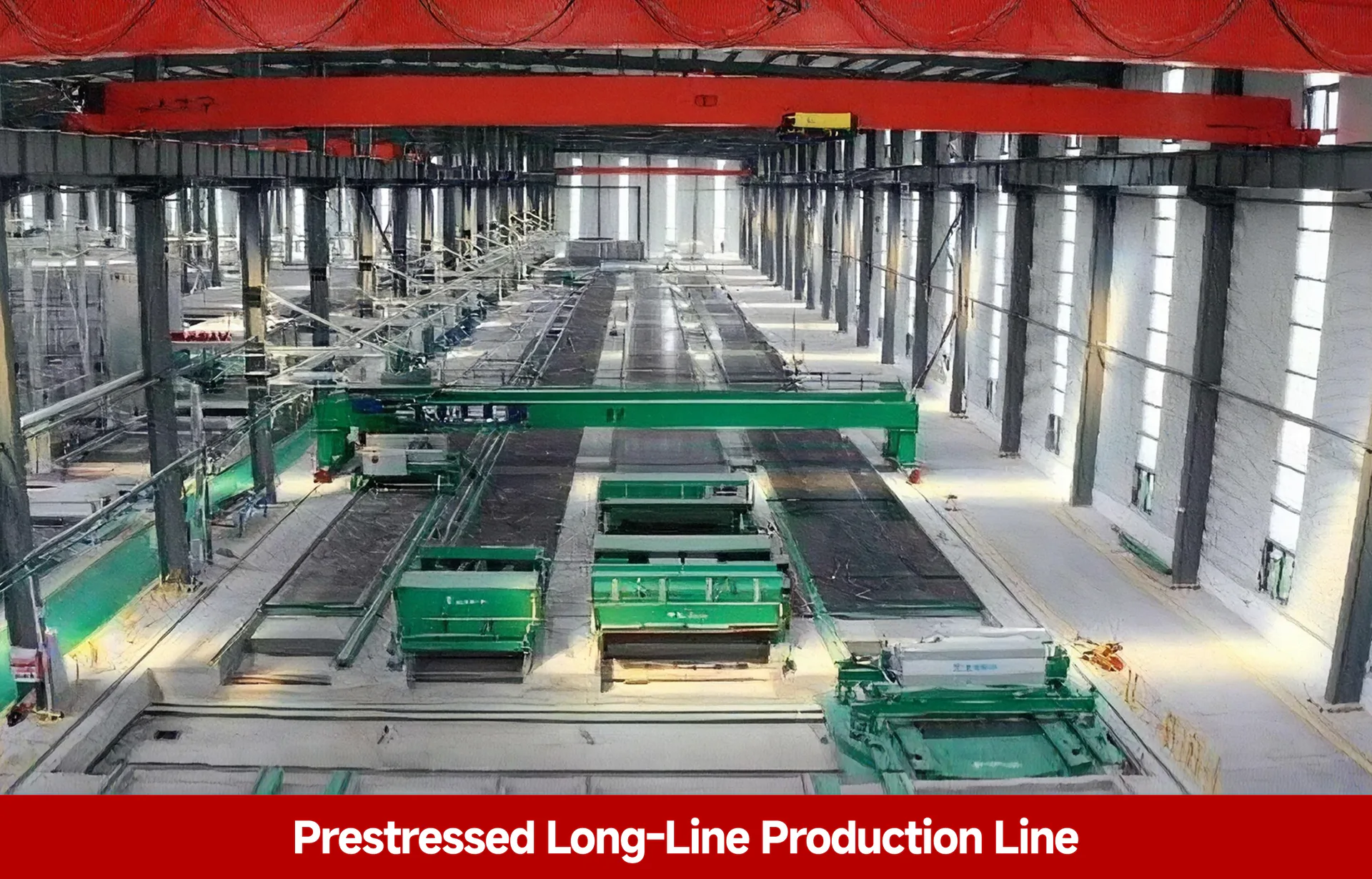 Long-line production hall for prefabricated component preparation