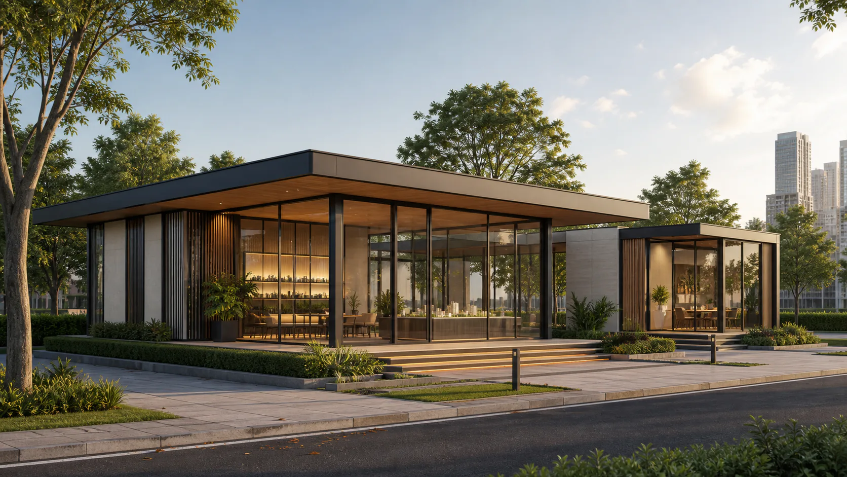 Low-rise commercial sales-center scene used for application planning