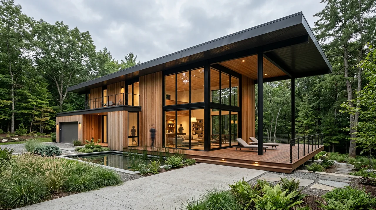Contemporary timber and steel villa concept in a wooded setting