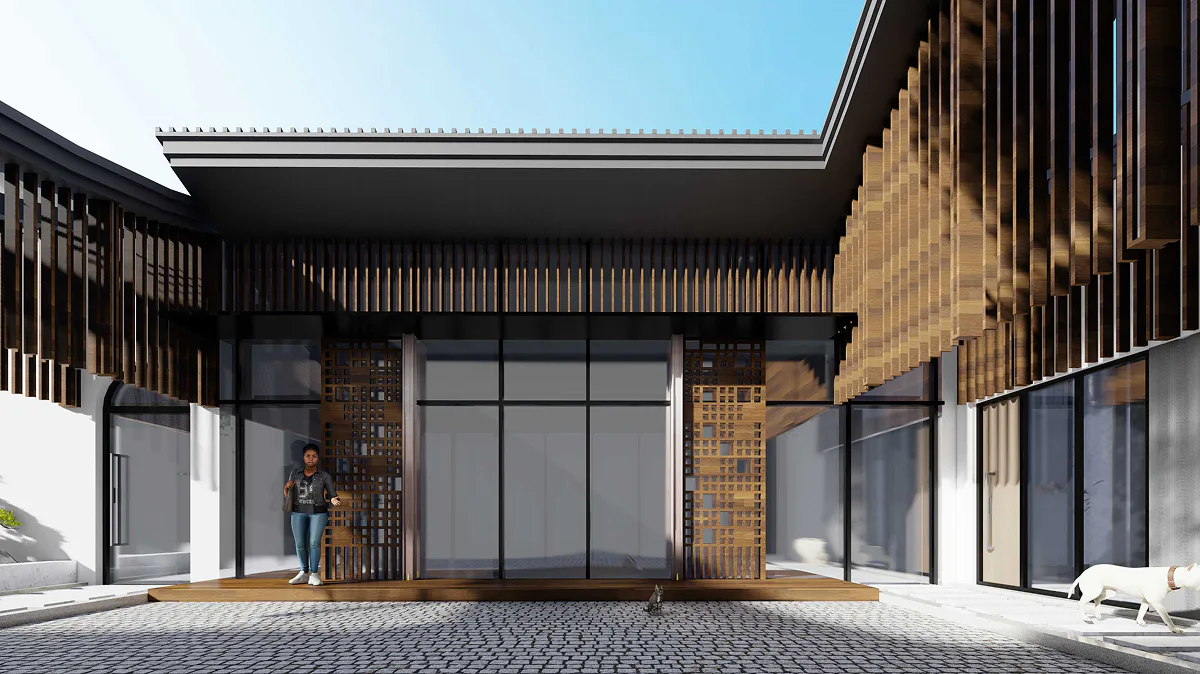 Screened private villa facade with full-height glazed openings