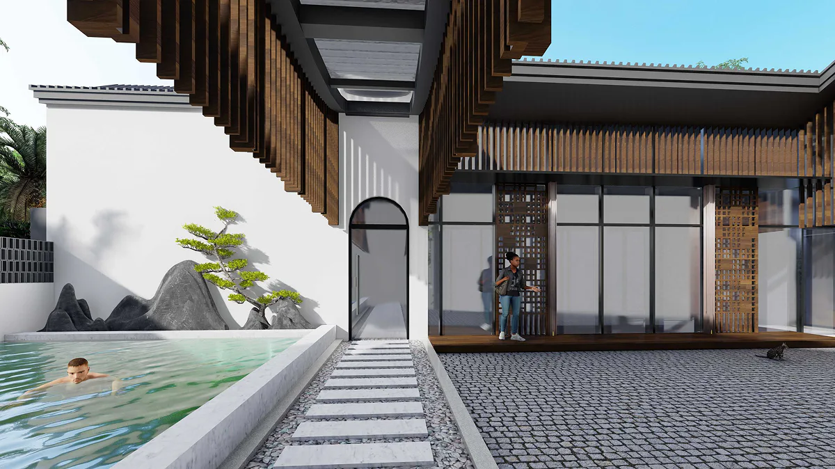 Sheltered walkway beside a landscaped water feature in a private villa