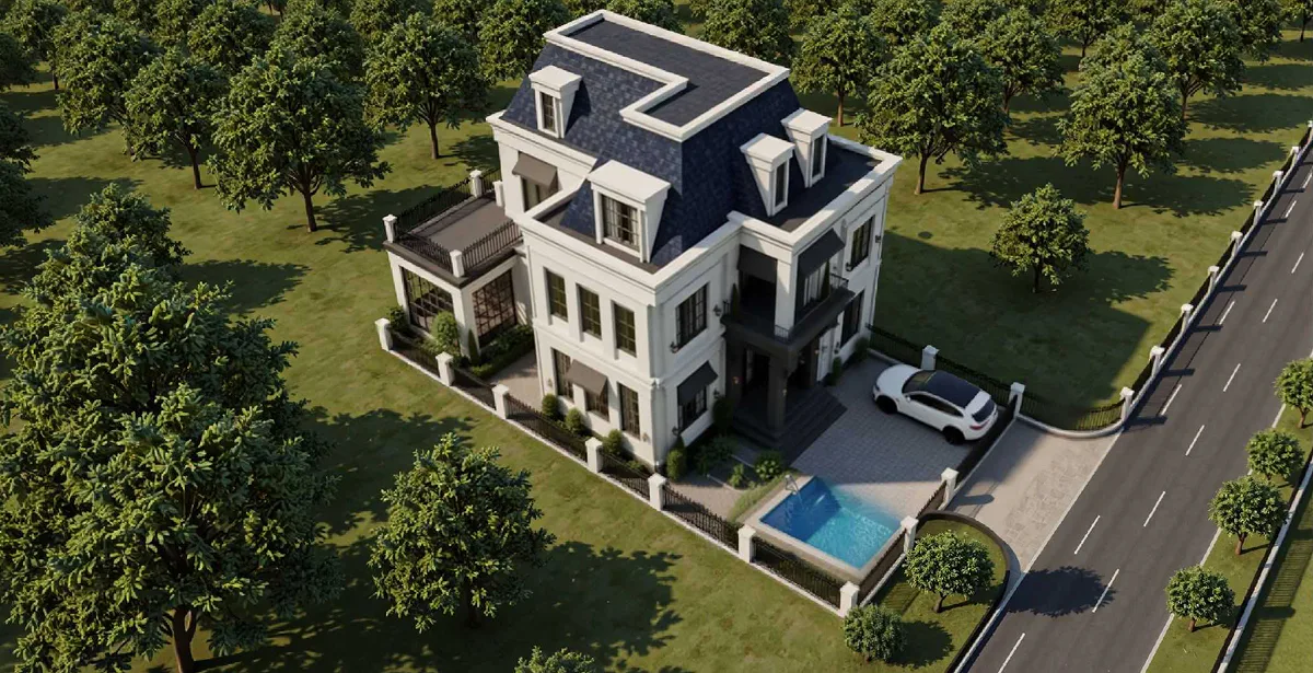 European-inspired multi-storey villa arranged on a landscaped residential plot