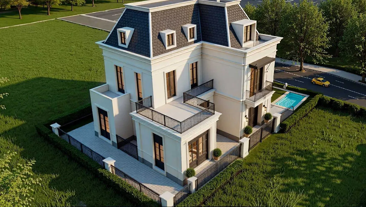 Rear view of a European-inspired villa with balconies and swimming pool