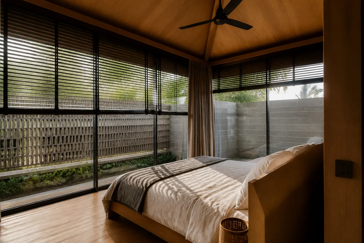 Timber-lined bedroom with tropical privacy screens at the Uluwatu villa