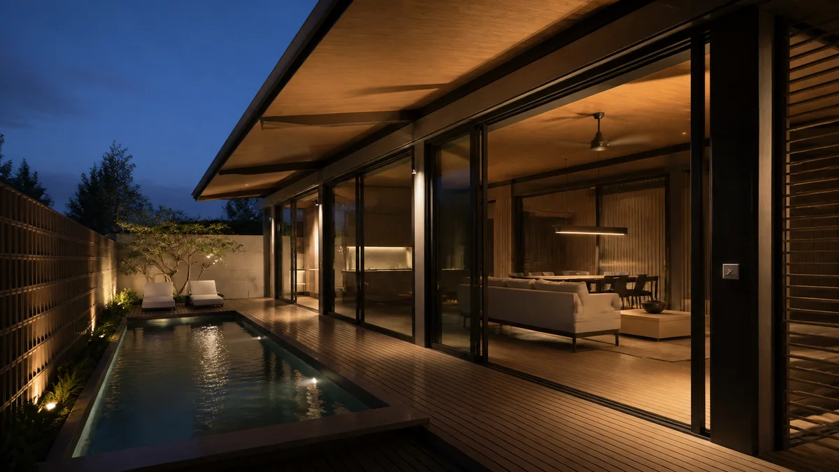 Pool and glazed veranda of the Uluwatu villa at dusk