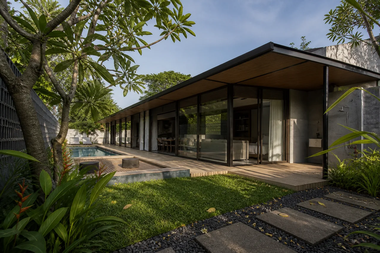 Completed Uluwatu prefabricated steel villa with a sheltered veranda, private pool and tropical garden in Bali