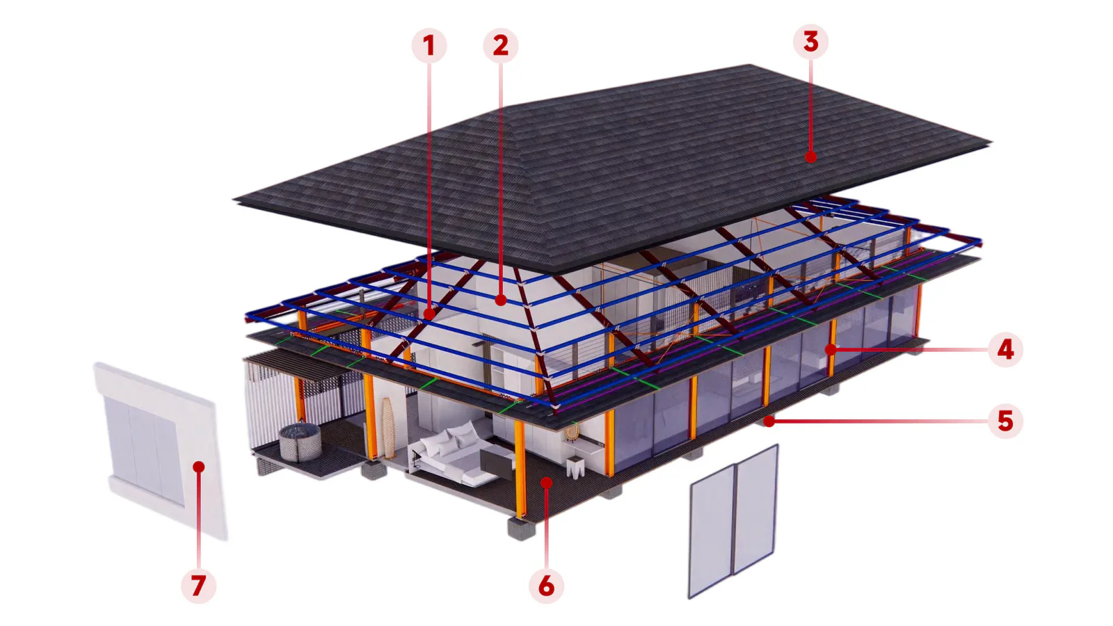 Exploded diagram of the Unit S steel structure building system