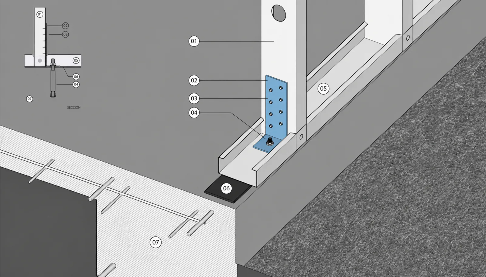 Illustrated foundation anchorage detail for a light-gauge steel wall component